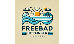 Das Bild zeigt ein stilisiertes Logo mit einer Sonne, Wellen und einem Schwimmbecken, begleitet von den Wörtern "FREEBAD HITTLINGEG".