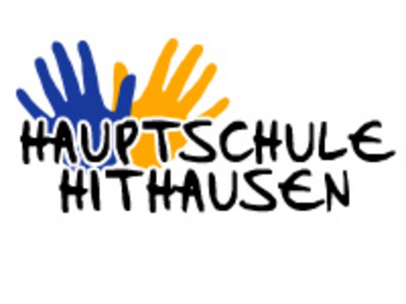 Hauptschule Hithausen Logo. Eine gelbe und ein blaue Hand nebeneinander. 