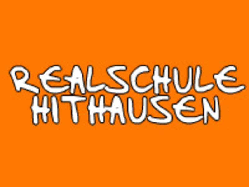 Realschule Hithausen Logo. orangener Hintergrund mit der Schrift "Realschule Hithausen". 