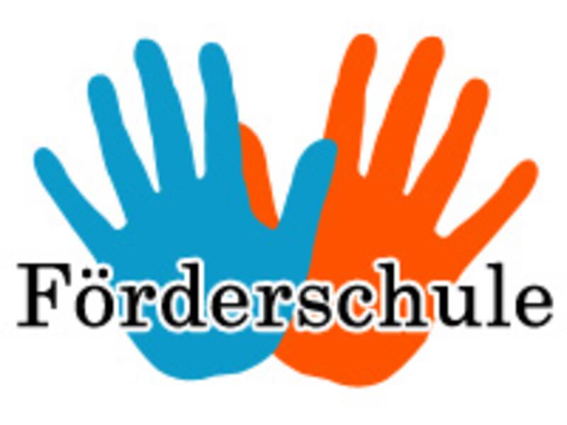 Förderschule-Logo. Eine blaue und eine orangene Hand nebeneinander. 