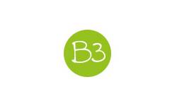 Logo des B3 Bioladen. Grüner Kreis mit ausgeschnittener Schrift "B3". 