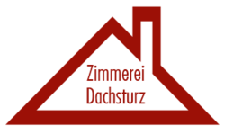 Logo der Zimmerei Dieter Dachsturz. Ein rotes Dach mit Kamin. Darin steht "Zimmerei Dachsturz". 