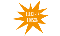 Logo des Elektriker "Elektrik Edison". Ein orangener Stern, in dem der Firmenname mit Weiß ausgeschnitten ist. 