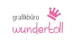 Logo des Grafikbüros Wundertoll. Oben steht in schwarz "grafikbüro" und darunter in rosa "Wundertoll" rechts daneben ebenfalls in pink ist eine Krone abgebildet.