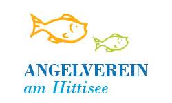 Logo des Angelvereins Hittisee. Weißer Hintergrund. Oben Links die Silouette eines Fisches in Orange und rechts daneben die Silouette eines Fisches in Grün. Darunter steht in blauer Schrift geschrieben "Angelverein am Hittisee".