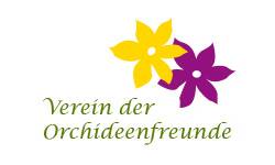 Logo der Orchideenfreunde. Rechts an de Seite sind zwei Blumen in jeweils Gelb und Lila die sich etwas überschneiden. Darunter ist der Schriftzug "Verein der Orchideenfreunde"  in hellem grün.